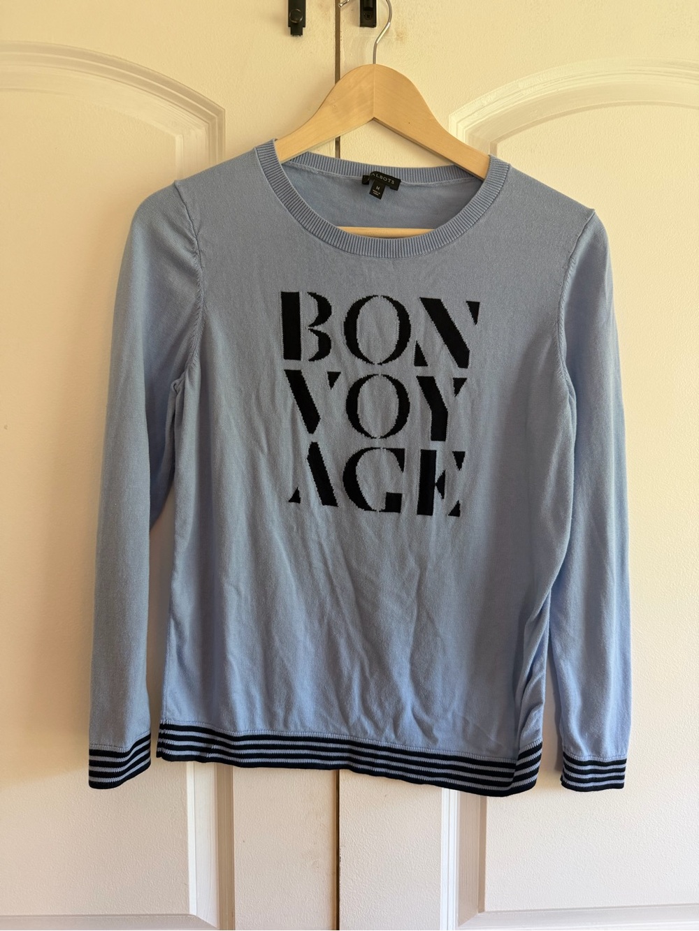 Talbots Light Blue 'Bon Voyage' Knit Sweatshirt Navy Stripes Vacation Trip